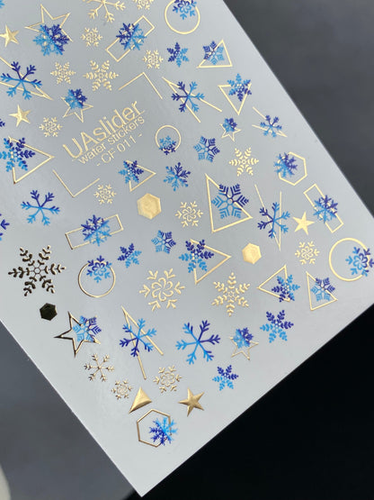 UA Slider 2D Nail Decal CF-011 Water Slide Nail Decals Blue Snowflakes with Gold Foil Geometric Accents