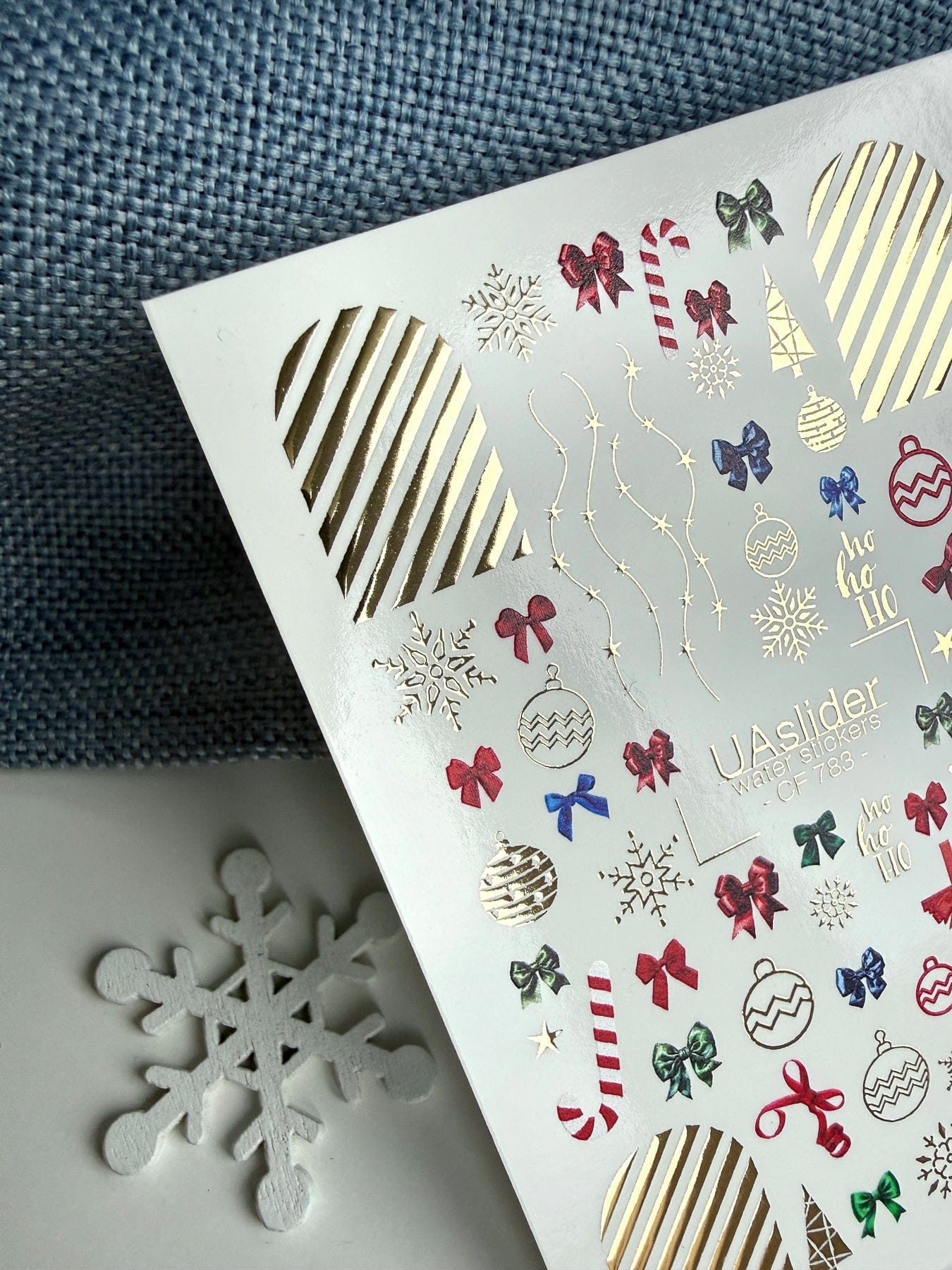 UA Slider 2D Nail Decal CF-783 Christmas Bows & Ornaments Gold Foil Nail Decals