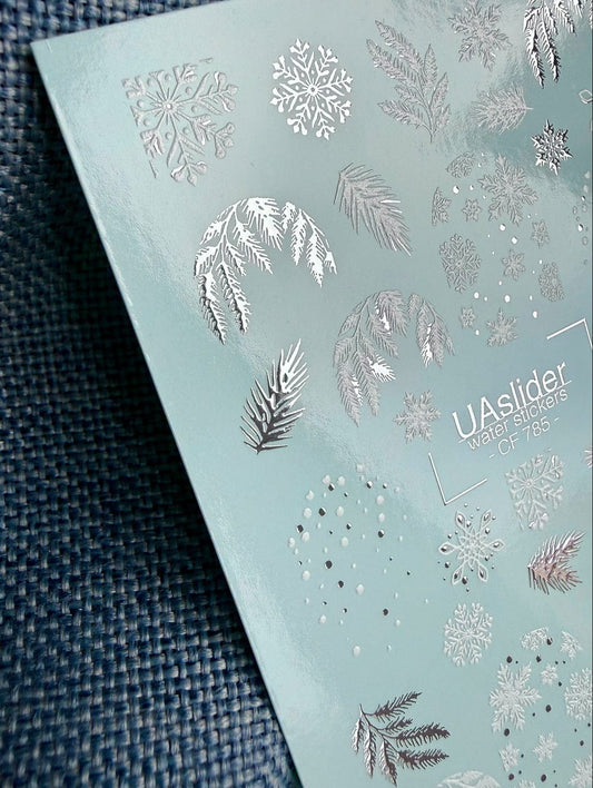 UA Slider 2D Nail Decal CF-785 Silver Snowflake & Winter Foliage Nail Decals