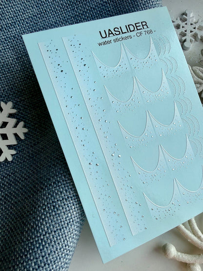 UA Slider 2D Nail Decal CF-786 White Snow Silver Dots French Winter Nail Decals