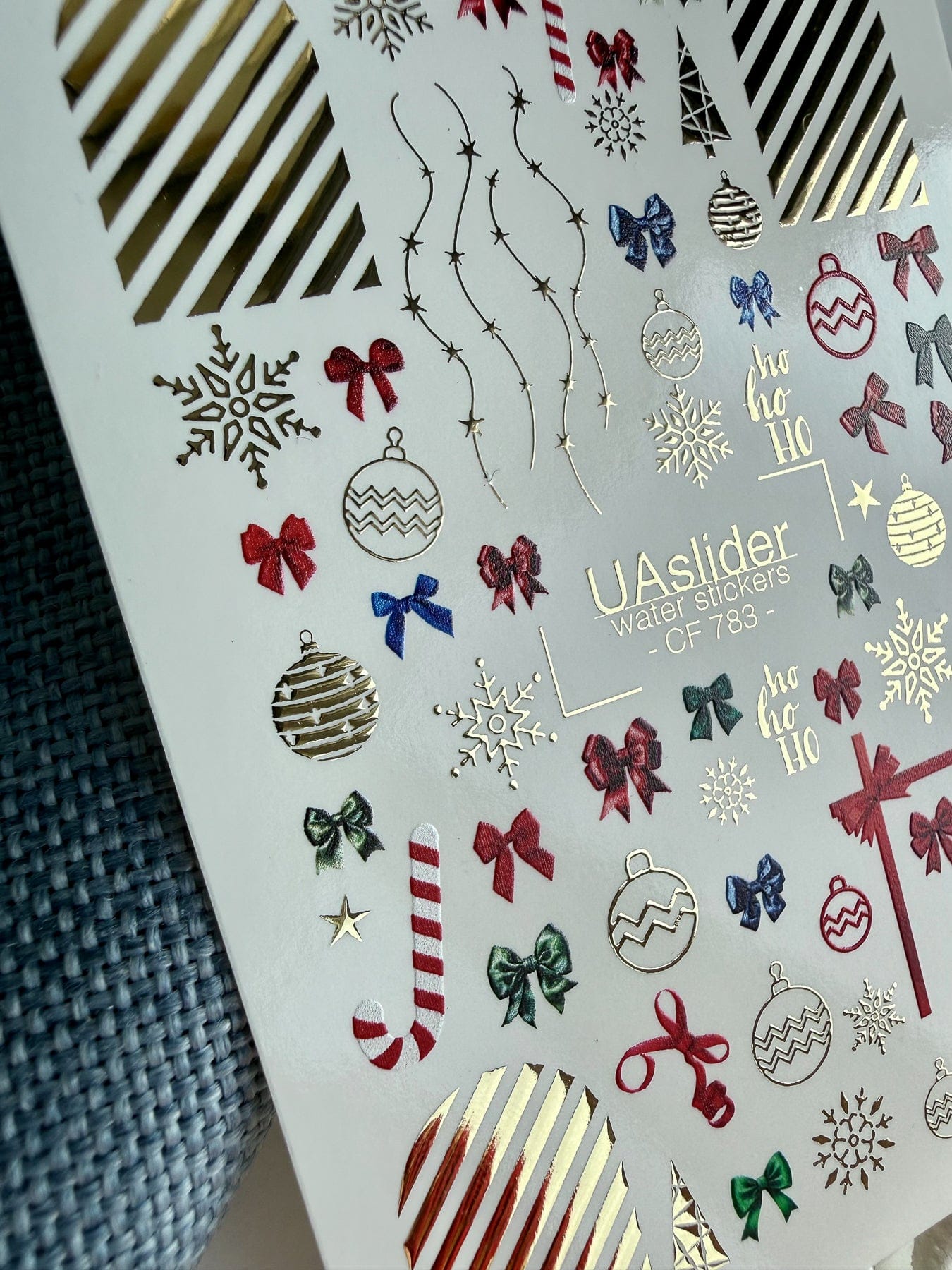 UA Slider 2D Nail Decal CF-783 Christmas Bows & Ornaments Gold Foil Nail Decals