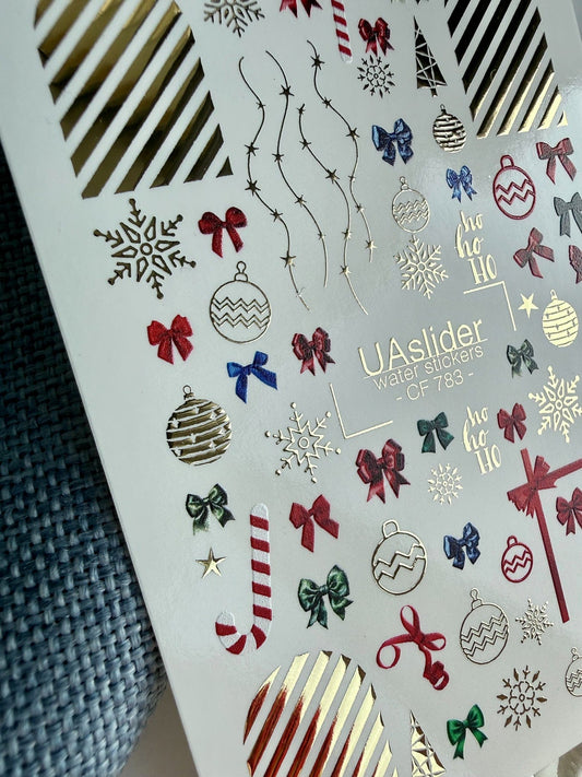 UA Slider 2D Nail Decal CF-783 Christmas Bows & Ornaments Gold Foil Nail Decals