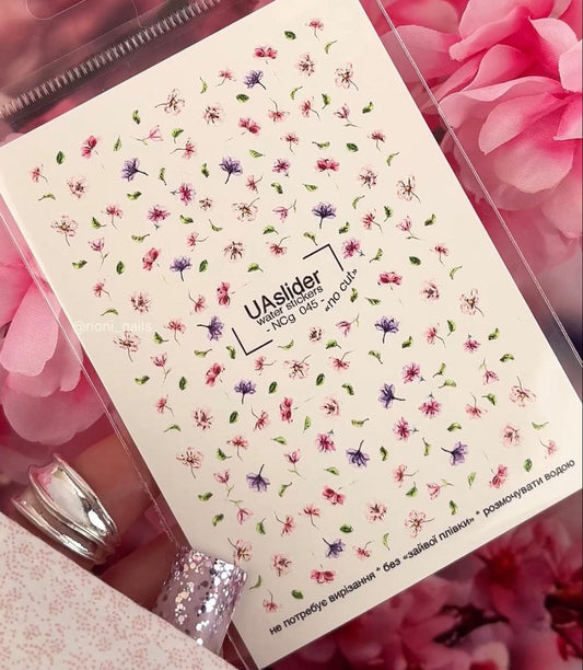 UA Slider 2D Nail Decal NCG-045 No-Cut Pink & Purple Floral Nail Water Decals