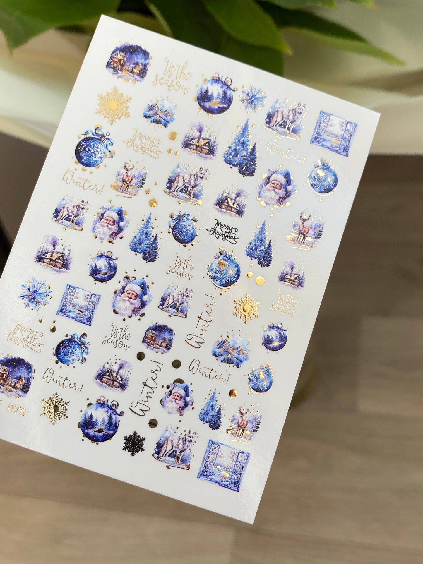 UA Slider 2D Nail Decal CF-073 Water Slide Nail Decals Blue Christmas Ornaments Santa Claus Reindeer Snowy Trees Holiday Nails