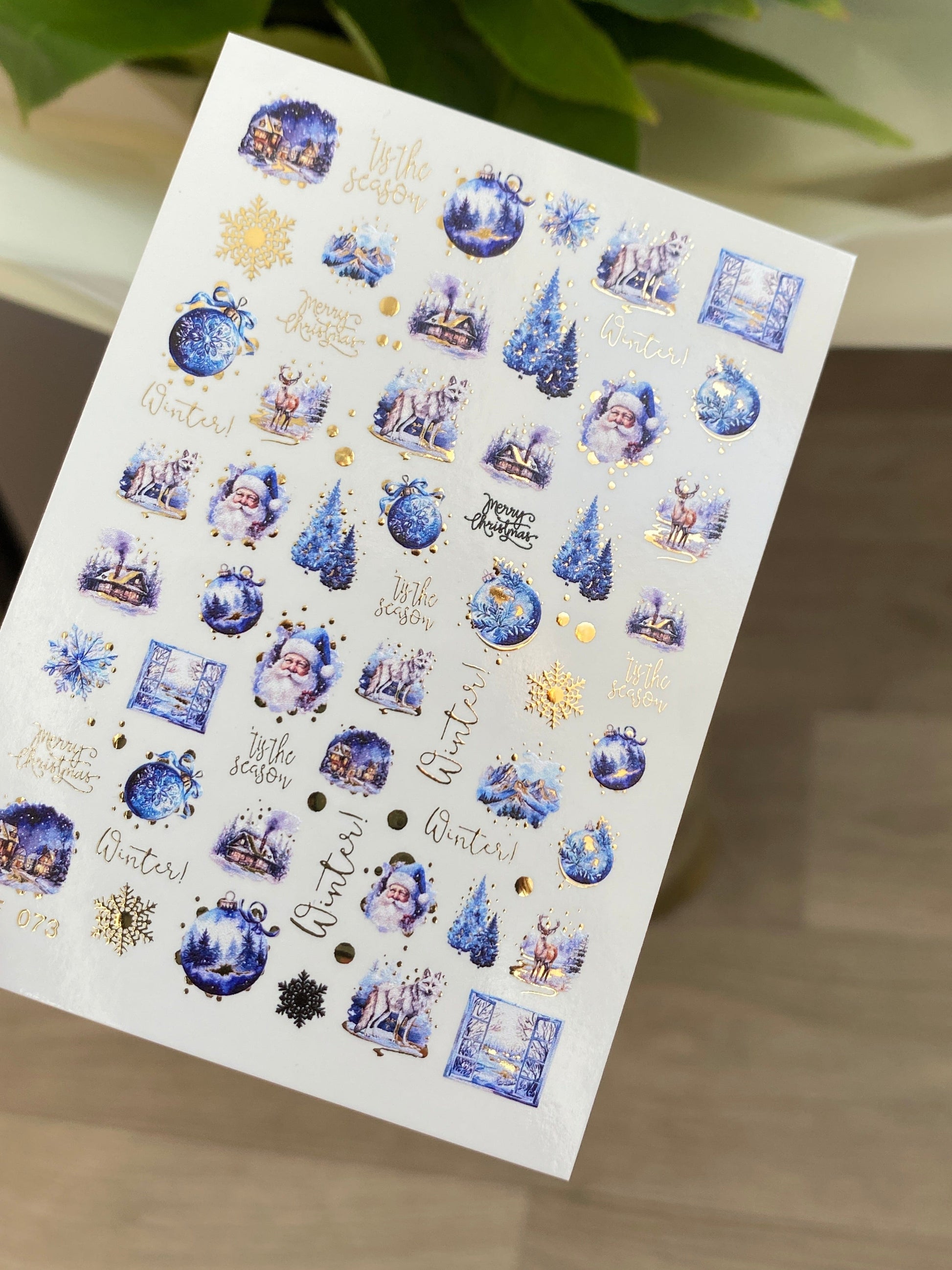 UA Slider 2D Nail Decal CF-073 Water Slide Nail Decals Blue Christmas Ornaments Santa Claus Reindeer Snowy Trees Holiday Nails