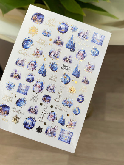 UA Slider 2D Nail Decal CF-073 Water Slide Nail Decals Blue Christmas Ornaments Santa Claus Reindeer Snowy Trees Holiday Nails
