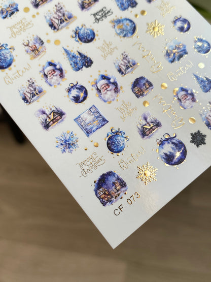 UA Slider 2D Nail Decal CF-073 Water Slide Nail Decals Blue Christmas Ornaments Santa Claus Reindeer Snowy Trees Holiday Nails
