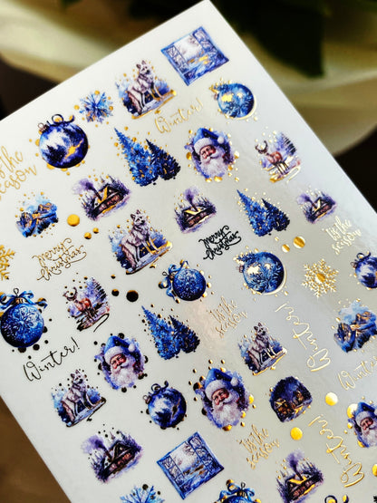 UA Slider 2D Nail Decal CF-073 Water Slide Nail Decals Blue Christmas Ornaments Santa Claus Reindeer Snowy Trees Holiday Nails