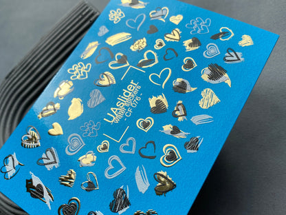 UA Slider 2D Nail Decal CF-076 Abstract Heart Nail Art Water Decals with Gold Foil | Modern Love Nail Design