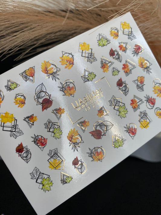 UA Slider 2D Nail Decal CF-278 Nail Water Decal Gold FOIL/  Geometric Autumn Leaf /Abstract Nails / Thanksgiving Manicures / Botanical