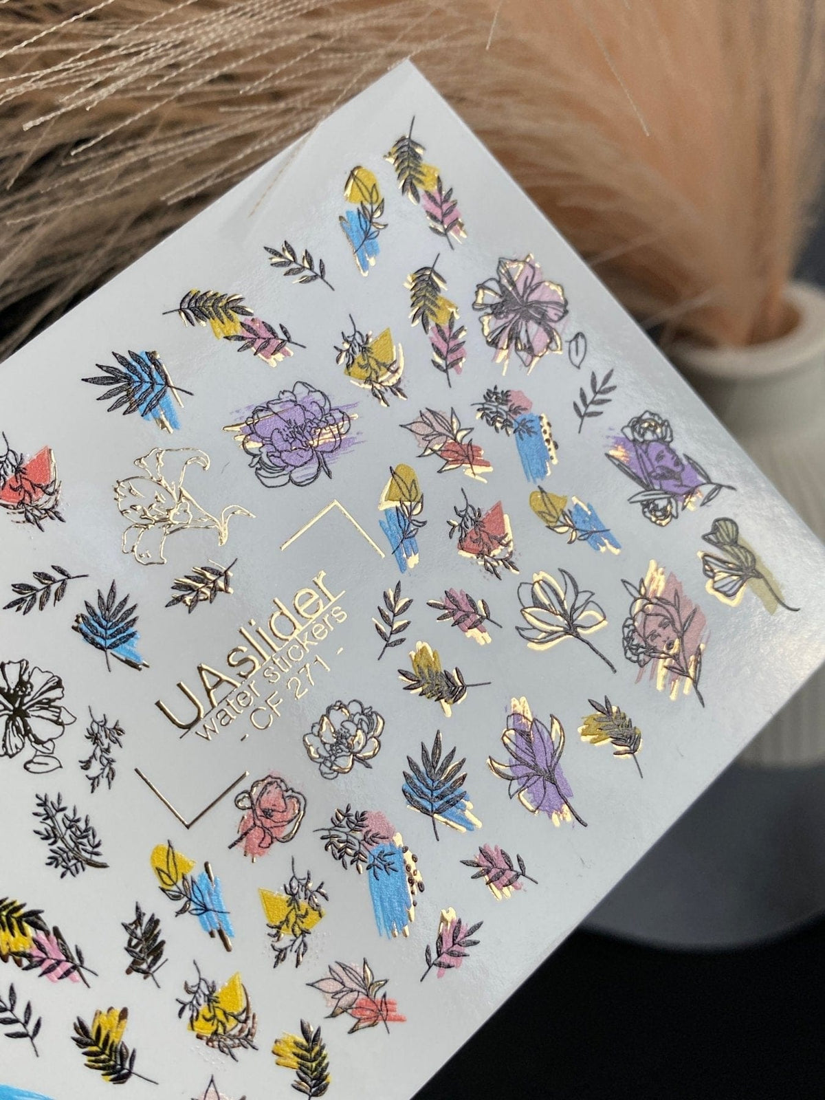 XND Products 2D Nail Decal CF-271 Floral Nail Water Decals / Colorful Flowers / Line Art / Gold Foil Accents