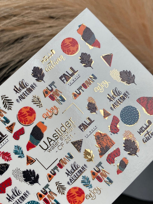 XND Products 2D Nail Decal CF-261 Autumn Nail Water Decals / Fall Quotes / Leaves / Geometric Accents / Gold Foil