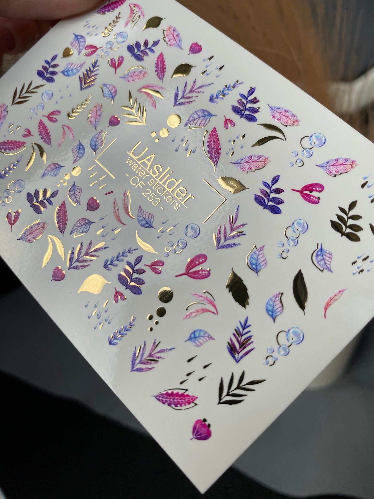 UA Slider 2D Nail Decal CF-253 Purple Botanical Nail Decals | Gold Foil Leaves & Watercolor Floral Nail Art