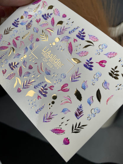 UA Slider 2D Nail Decal CF-253 Purple Botanical Nail Decals | Gold Foil Leaves & Watercolor Floral Nail Art