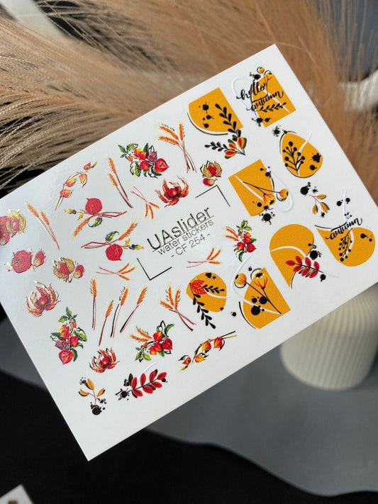 XND Products 2D Nail Decal CF-254 Autumn Nail Water Decals / Wheat / Red Berries / Fall Leaves / Hello Autumn
