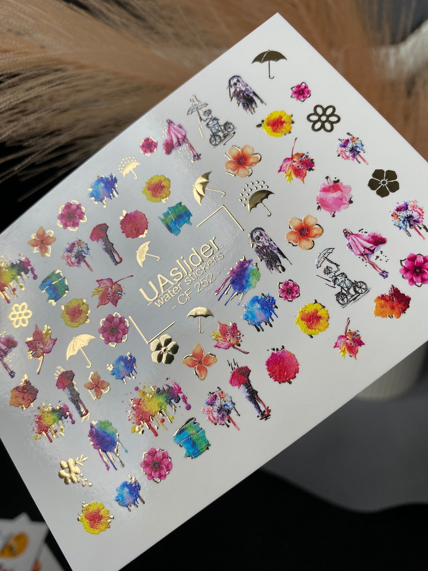 UA Slider 2D Nail Decal CF-252 Artistic Floral Nail Art Water Decals with Gold Foil | Abstract Fashion Nail Design