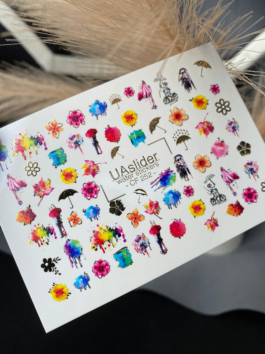UA Slider 2D Nail Decal CF-252 Rainy Day Floral Nail Decals | Watercolor Umbrella & Gold Foil Nail Art