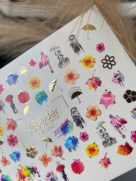 UA Slider 2D Nail Decal CF-252 Rainy Day Floral Nail Decals | Watercolor Umbrella & Gold Foil Nail Art