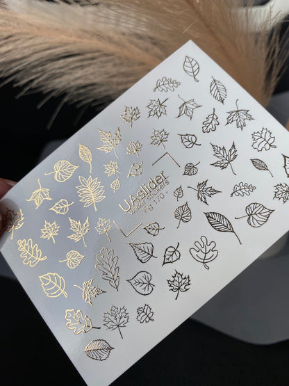 UA Slider 2D Nail Decal FG-170 Gold Foil Nail Water Decal /Maple Leaves/ Autumn Leaf / Fall Vibes/ Oak Leaf Nails/ Thanksgiving Nail Designs.