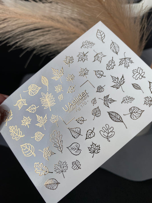 UA Slider 2D Nail Decal FG-170 Gold Foil Nail Water Decal /Maple Leaves/ Autumn Leaf / Fall Vibes/ Oak Leaf Nails/ Thanksgiving Nail Designs.