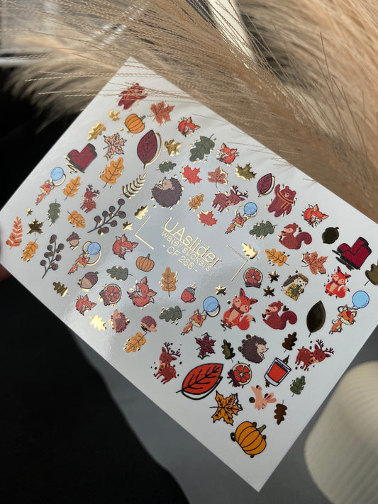 UA Slider 2D Nail Decal CF-288 Nail Water Decal Gold FOIL/ Autumn /Woodland/Forest/ Fall /Leaves/ Animals/ Maple Leaves