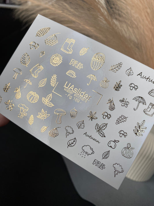 UA Slider 2D Nail Decal FG-169 Gold Foil Nail Water Decal /Autumn Vibes / Fall Icons/ Pinecones/ Leaves/ Acorns/ Mushrooms