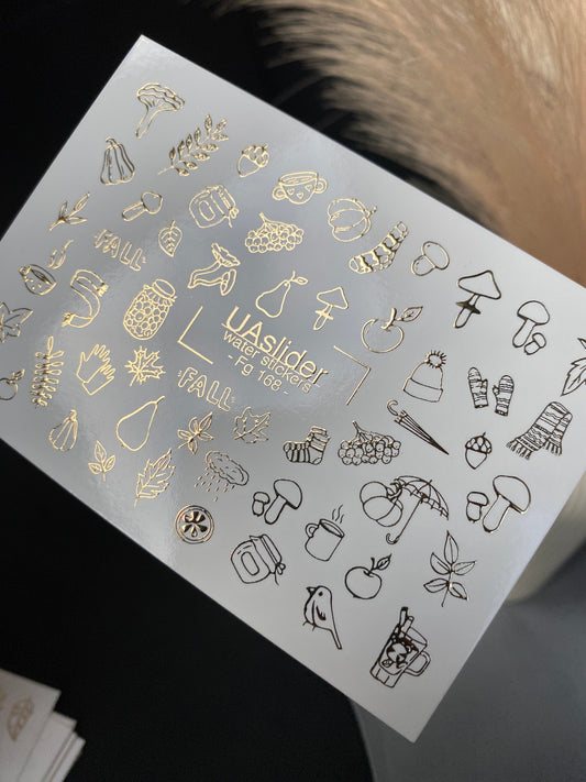 UA Slider 2D Nail Decal FG-168 Gold Foil Nail Water Decal /Autumn Nails / Fall Icons/ Leaves/ Acorns/ Pumpkins