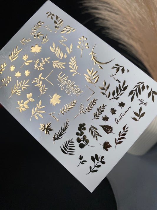 UA Slider 2D Nail Decal FG-166 Gold Botanical Nail Decals – Foil Leaves, Branches & Minimalist Nature Nail Art