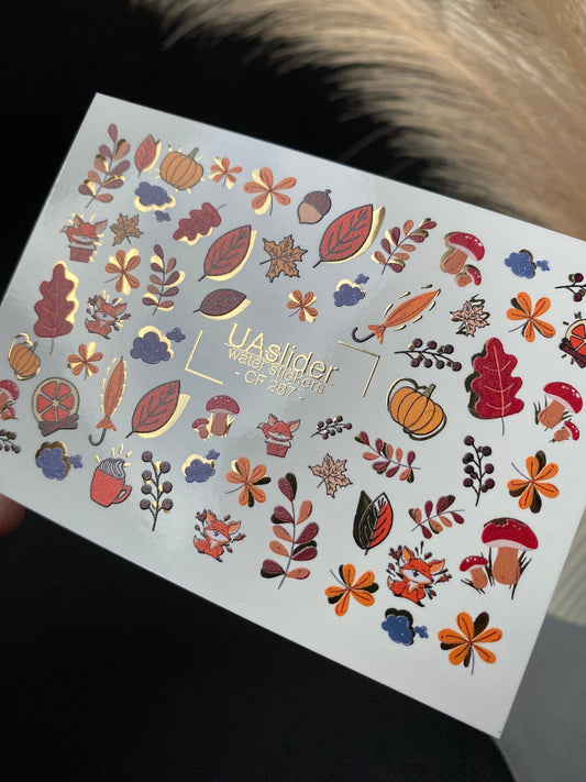 UA Slider 2D Nail Decal CF-287 Nail Water Decal Gold FOIL/ Autumn /Forest/ Fall /Leaves/ Colorful Maple Leaves
