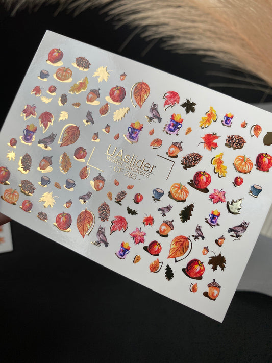 UA Slider 2D Nail Decal CF-285 Nail Water Decal Gold FOIL/  Autumn Harvest / Fall Pumpkins/ Leaves/ Acorns/ Fall Nails