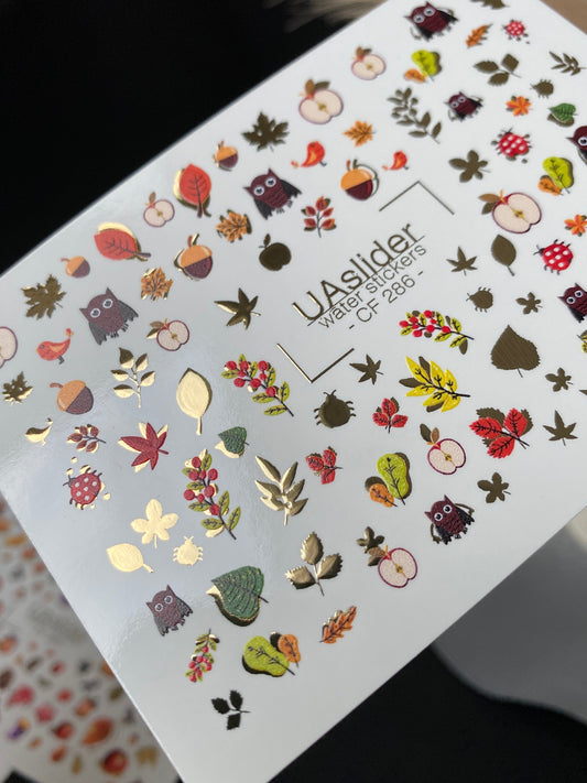 UA Slider 2D Nail Decal CF-286 Nail Water Decal Gold FOIL/  Autumn Owl / Fall Leaves/ Apples /Autumn Designs/Fall Nails