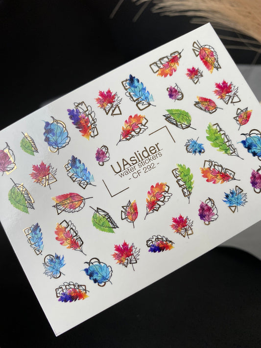 UA Slider 2D Nail Decal CF-292 Nail Water Decal Gold FOIL/ Multicolor Autumn Leaves / Botanical Nails/ Fall Nails