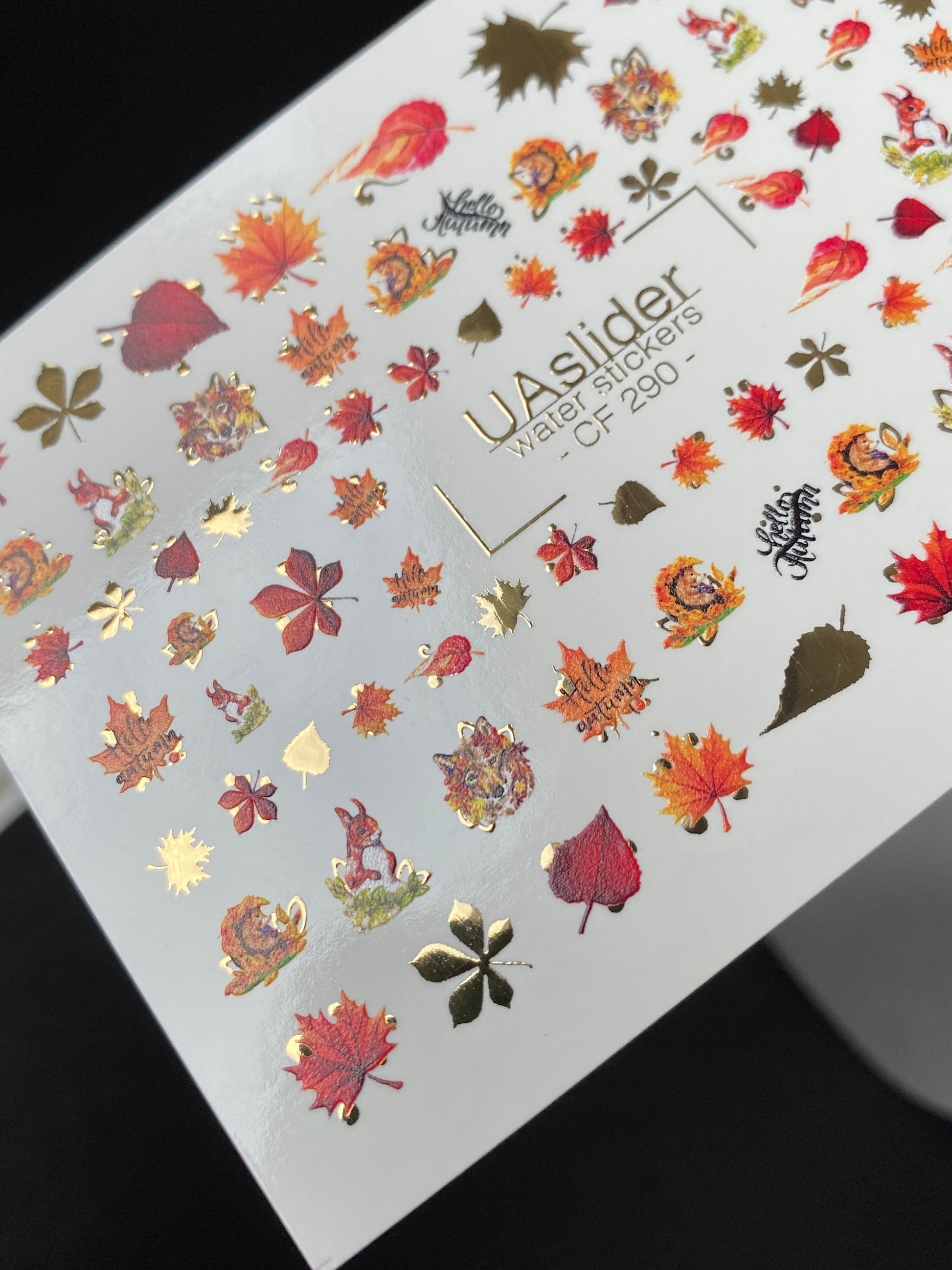 UA Slider 2D Nail Decal CF-290 Nail Water Decal Gold FOIL/ Autumn /Squirrel/ Leaf/ Colorful Leaves/ Thanksgiving Nails