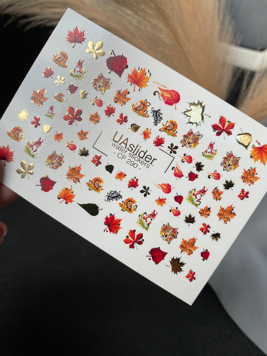 UA Slider 2D Nail Decal CF-290 Nail Water Decal Gold FOIL/ Autumn /Squirrel/ Leaf/ Colorful Leaves/ Thanksgiving Nails