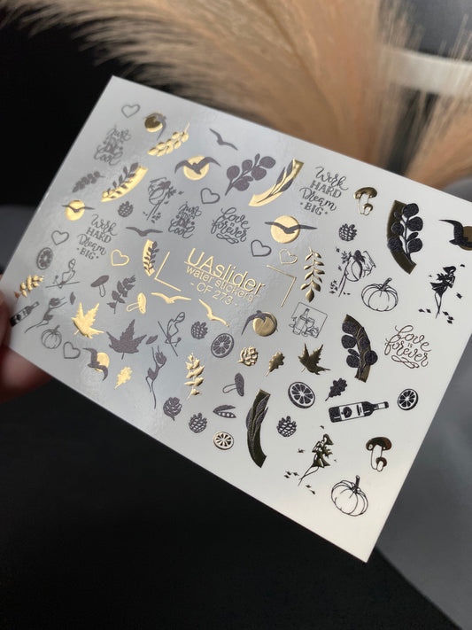 UA Slider 2D Nail Decal CF-273 Nail Water Decal Gold FOIL/ Autumn/ Pumpkins/ Thanksgiving/ Leaves/Citrus/ Black & Gold/ Quotes