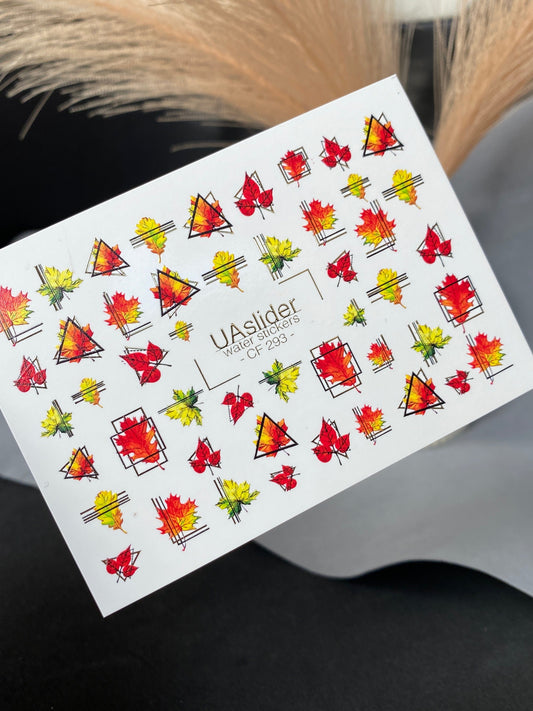 UA Slider 2D Nail Decal CF-293 Nail Water Decal Gold FOIL/ Geometric/ Maple Leaf/ Modern Nails/ Red and Yellow Maple Leaves