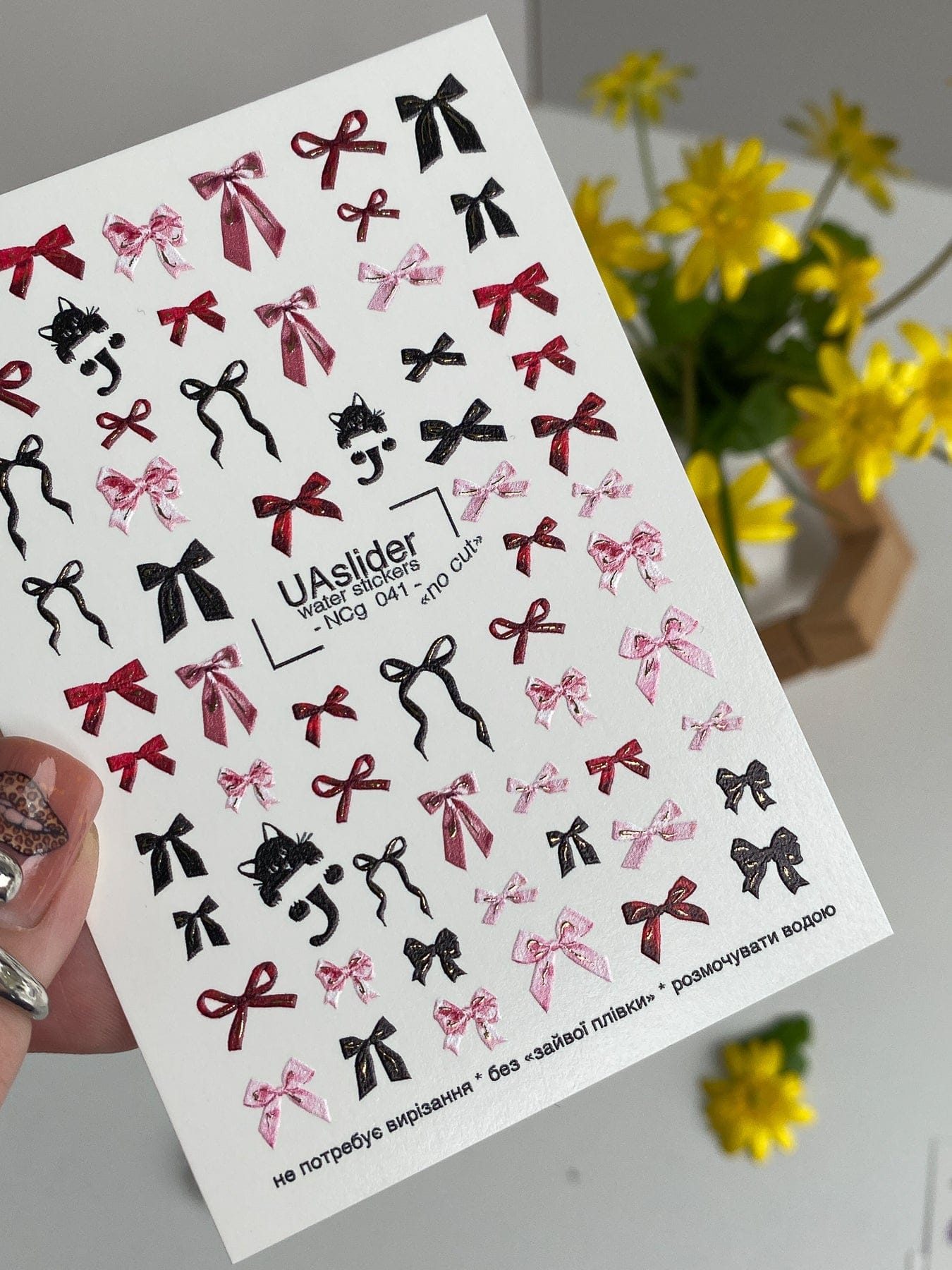 UA Slider 2D Nail Decal NCG-041, NO CUT Bow Nail Water Decals – Pink & Black Ribbon Nail Art Stickers