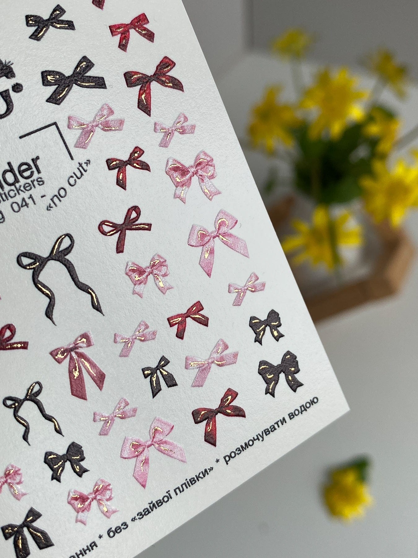 UA Slider 2D Nail Decal NCG-041, NO CUT Bow Nail Water Decals – Pink & Black Ribbon Nail Art Stickers