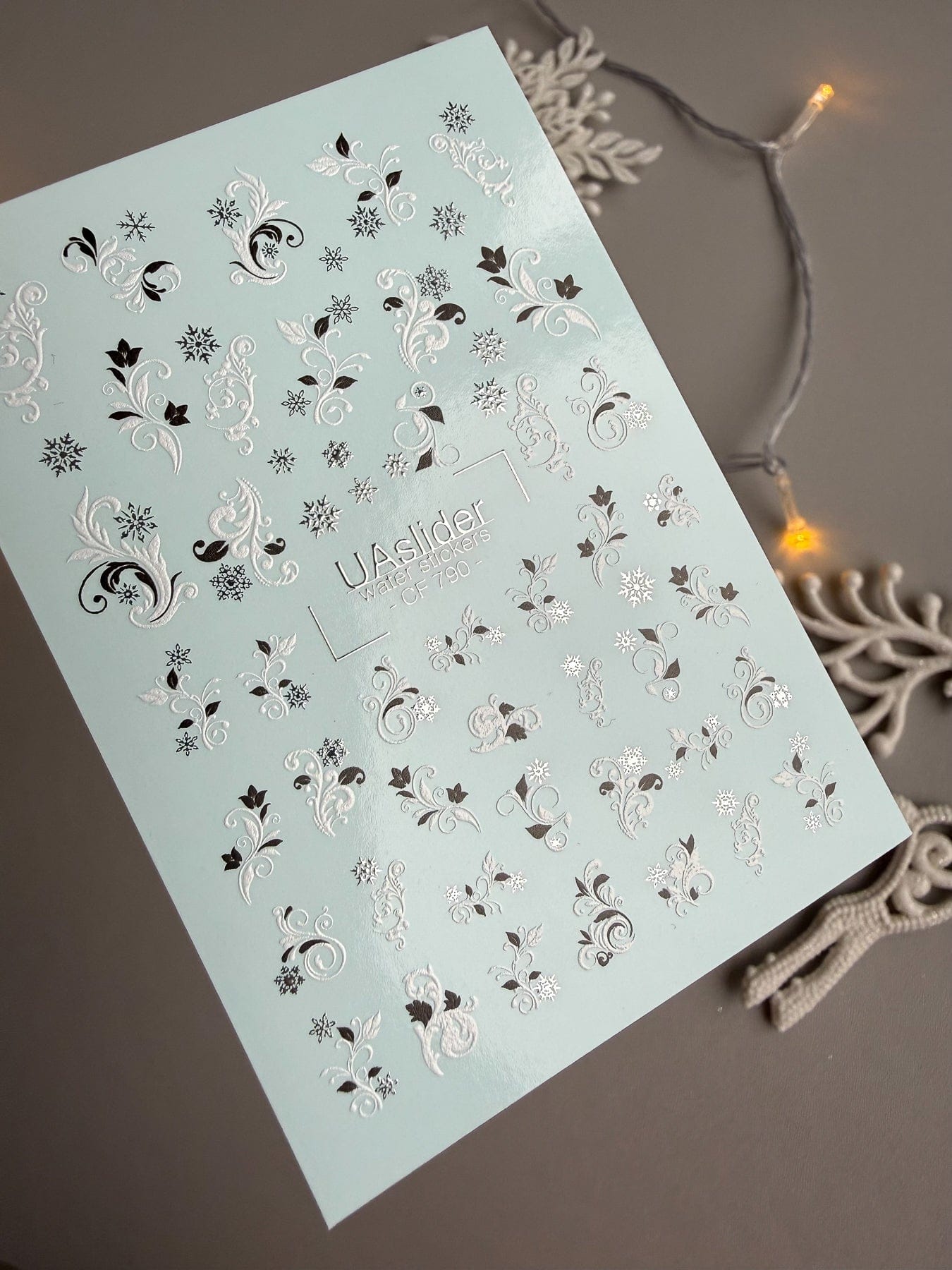 UA Slider 2D Nail Decal CF-790 Winter Floral Silver Foil Snowflake Nail Water Decals - Black & White Swirl Designs