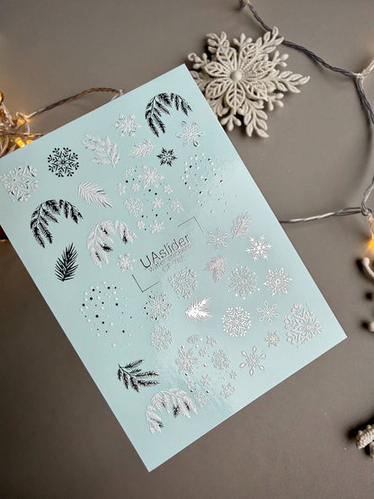UA Slider 2D Nail Decal CF-785 Silver Snowflake & Winter Foliage Nail Decals