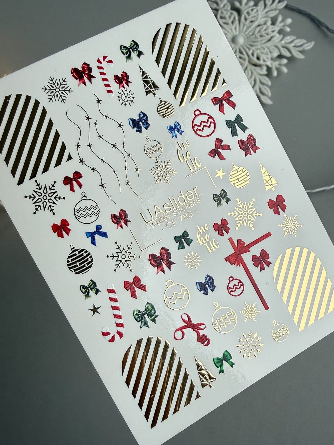 UA Slider 2D Nail Decal CF-783 Christmas Bows & Ornaments Gold Foil Nail Decals