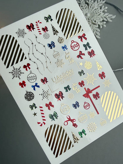 UA Slider 2D Nail Decal CF-783 Christmas Bows & Ornaments Gold Foil Nail Decals