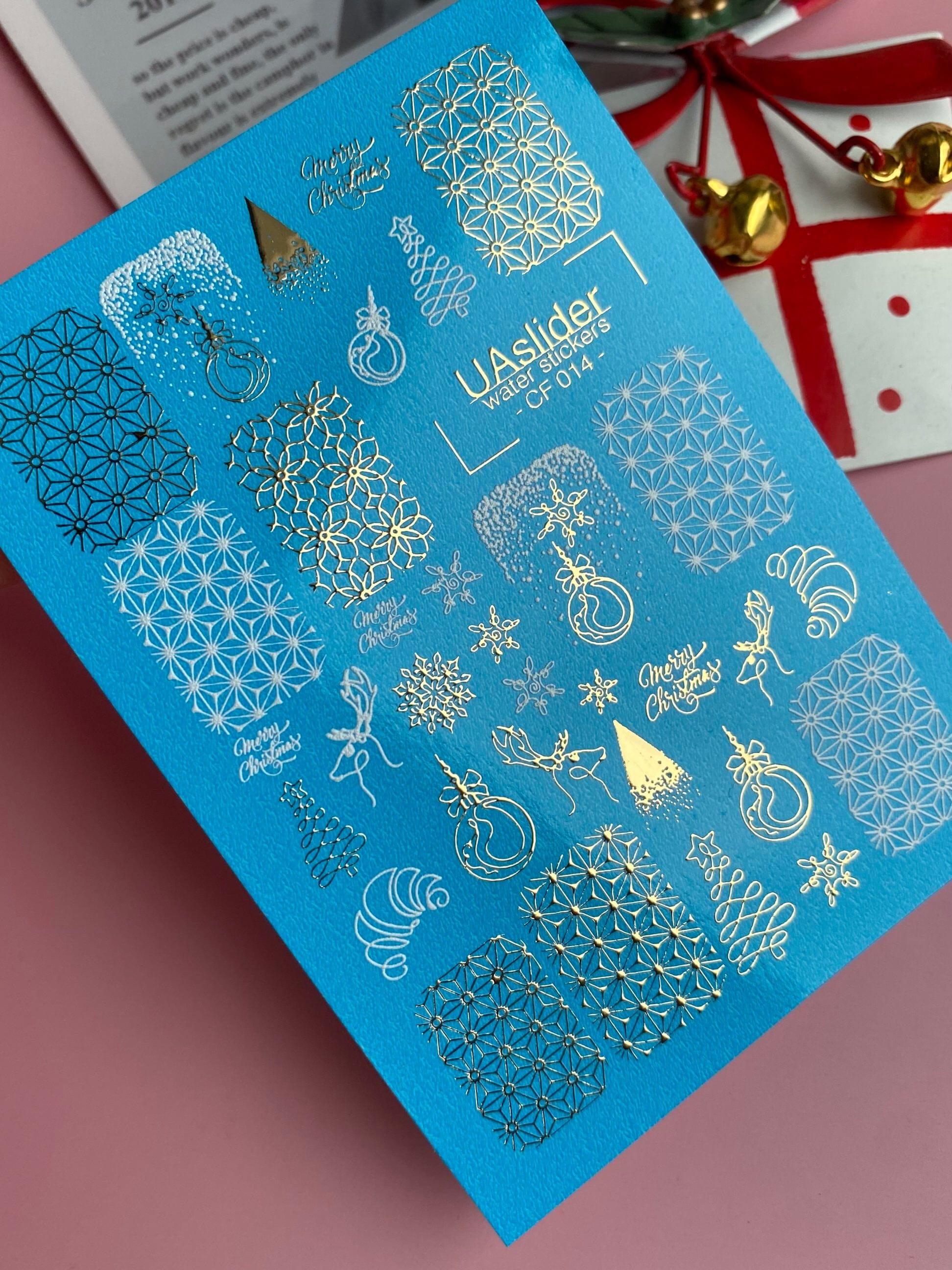 UA Slider 2D Nail Decal CF-014 Water Slide Nail Decals Gold Foil Snowflakes and Geometric Patterns