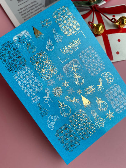 UA Slider 2D Nail Decal CF-014 Water Slide Nail Decals Gold Foil Snowflakes and Geometric Patterns