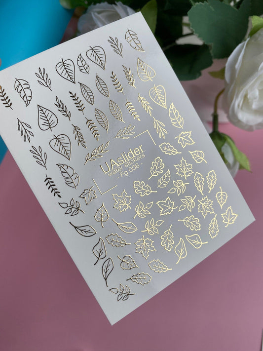 UA Slider 2D Nail Decal FG-006 Gold Foil Nail Water Decal /Autumn Leaf/ Elegant/ Leaves/ Fall/ Botanical Nails