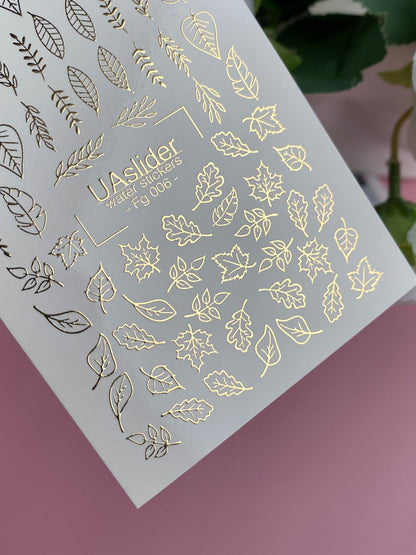 UA Slider 2D Nail Decal FG-006 Gold Foil Nail Water Decal /Autumn Leaf/ Elegant/ Leaves/ Fall/ Botanical Nails