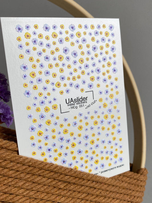 UA Slider 2D Nail Decal NCG-051 NO CUT, Yellow & Purple Micro Floral Nail Water Decals