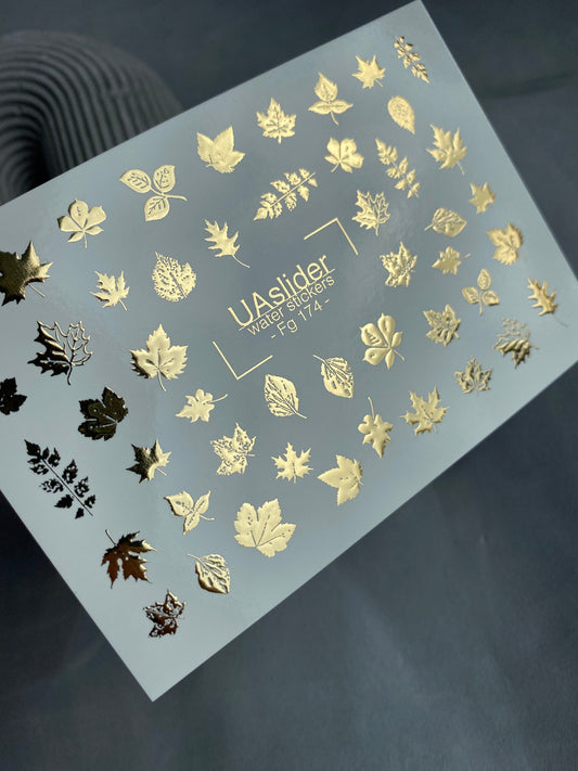 UA Slider 2D Nail Decal FG-174 Gold Foil Nail Water Decal / Maple Leaves/ Variety Of Fall Leaf Shapes / Autumn Leaf