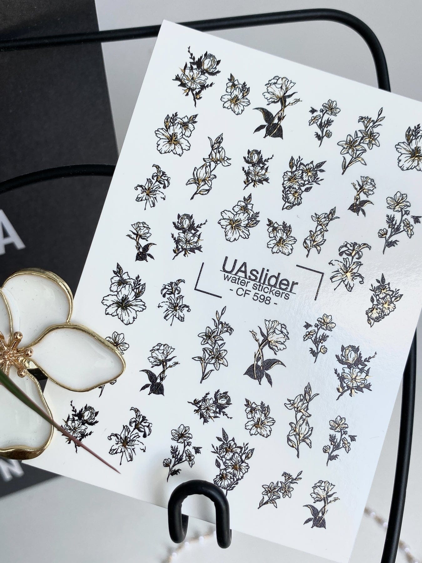 UA Slider 2D Nail Decal CF-598 Gold Accents Black Floral Nail Water Decals