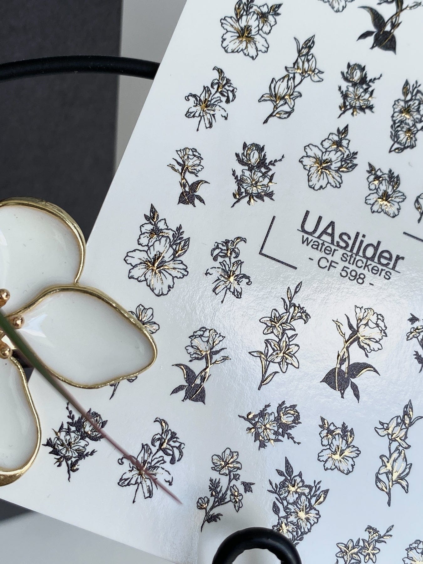 UA Slider 2D Nail Decal CF-598 Gold Accents Black Floral Nail Water Decals